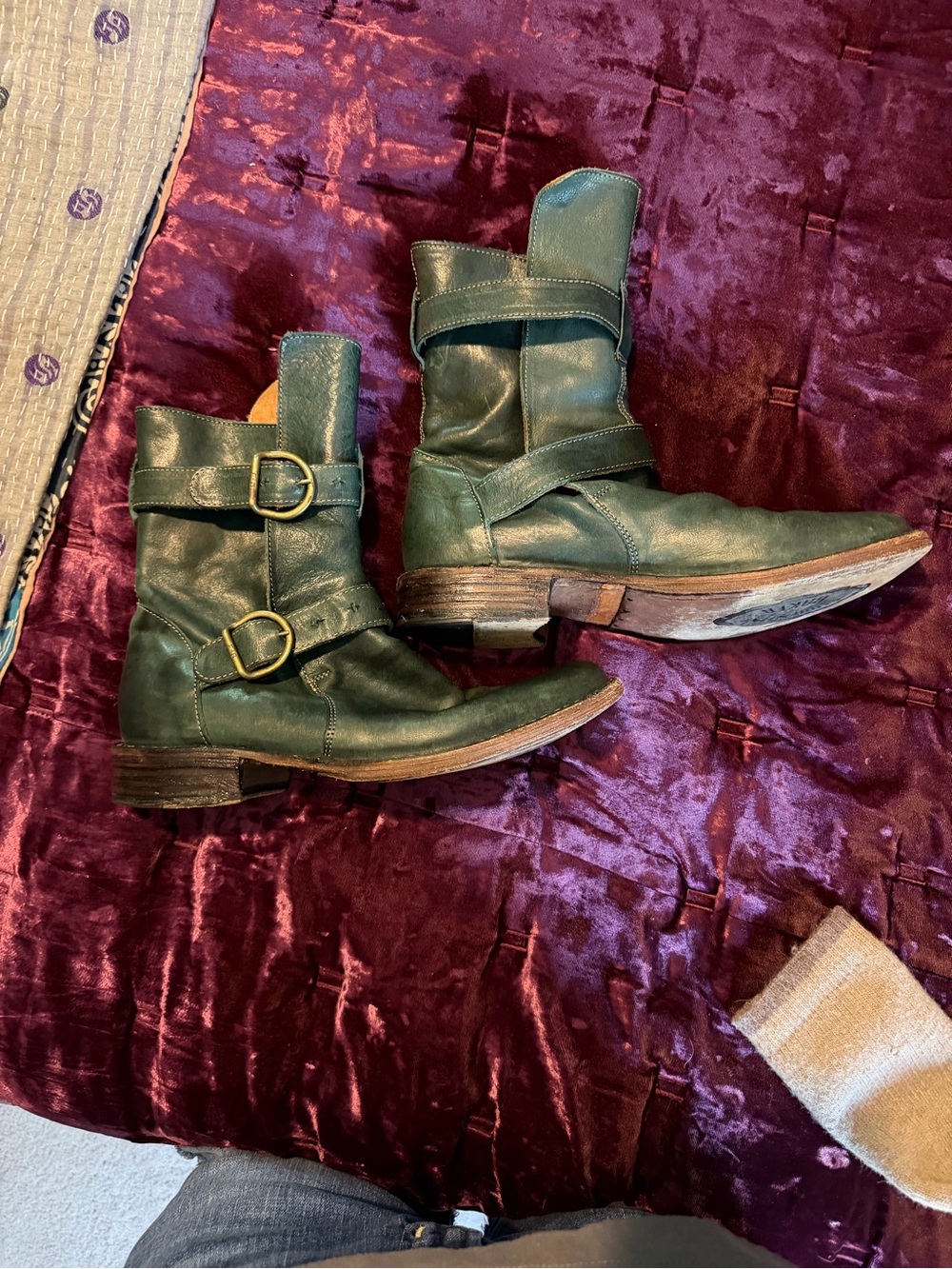 Fiorintini & Baker Eternity Green Leather Buckle Moto Boots 38 fits like 8.5/9